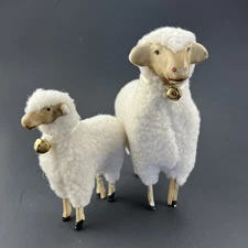 Lot of 2 Primitive Wooly German Style VTG White Sheep Lamb Figures w/ Bell