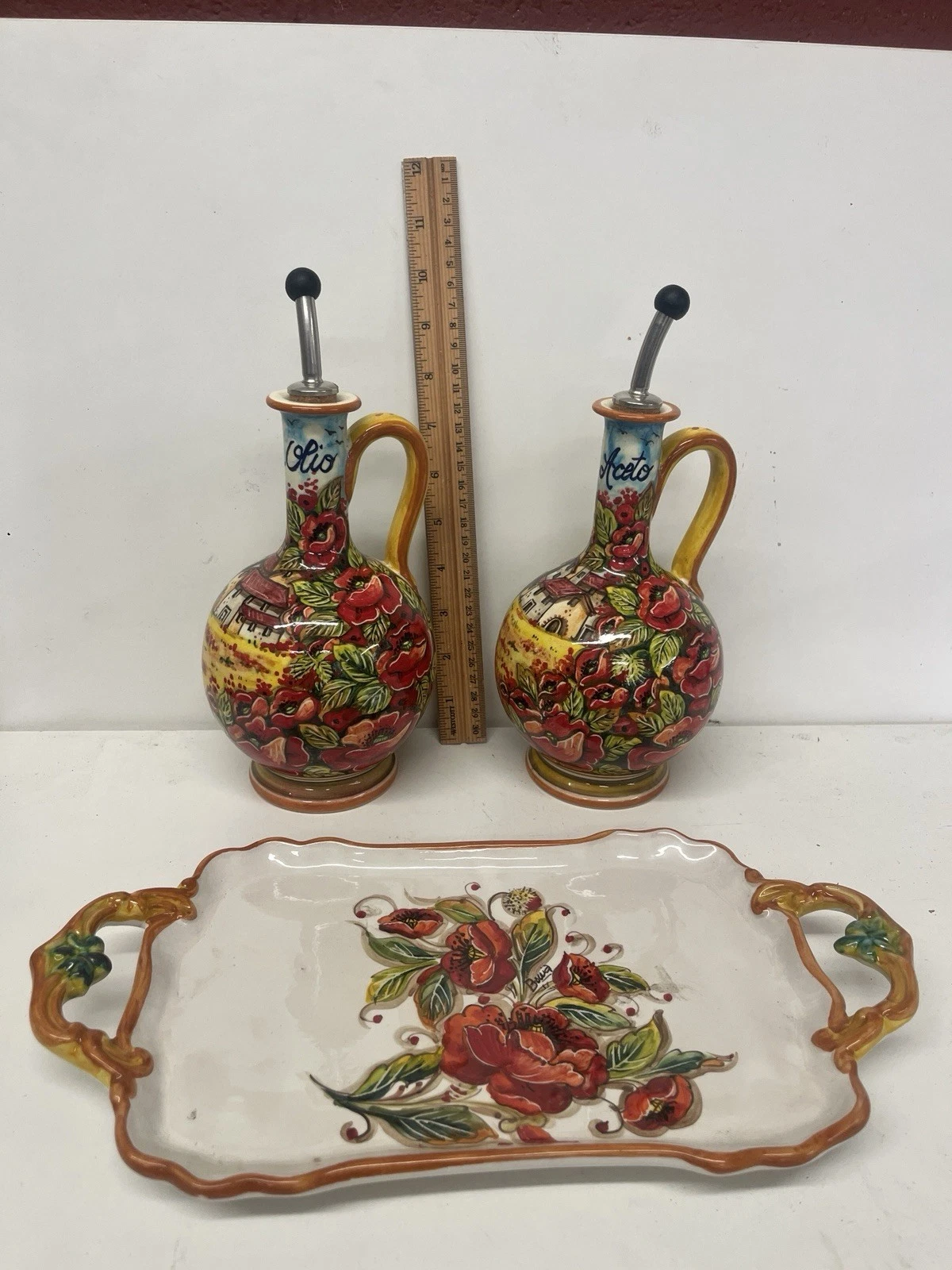 Vtg Italian Ceramic Oil Bottles Set. Piccadilly. Hand Painted. Breathtaking