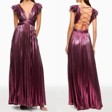 498 Ieena for Mac Duggal Ruffle Sleeve LaceUp Back Pleated Metallic Gown-