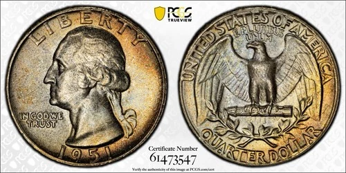 PCGS 1951 Washington Quarter MS67 - Silver - Beautifully Toned