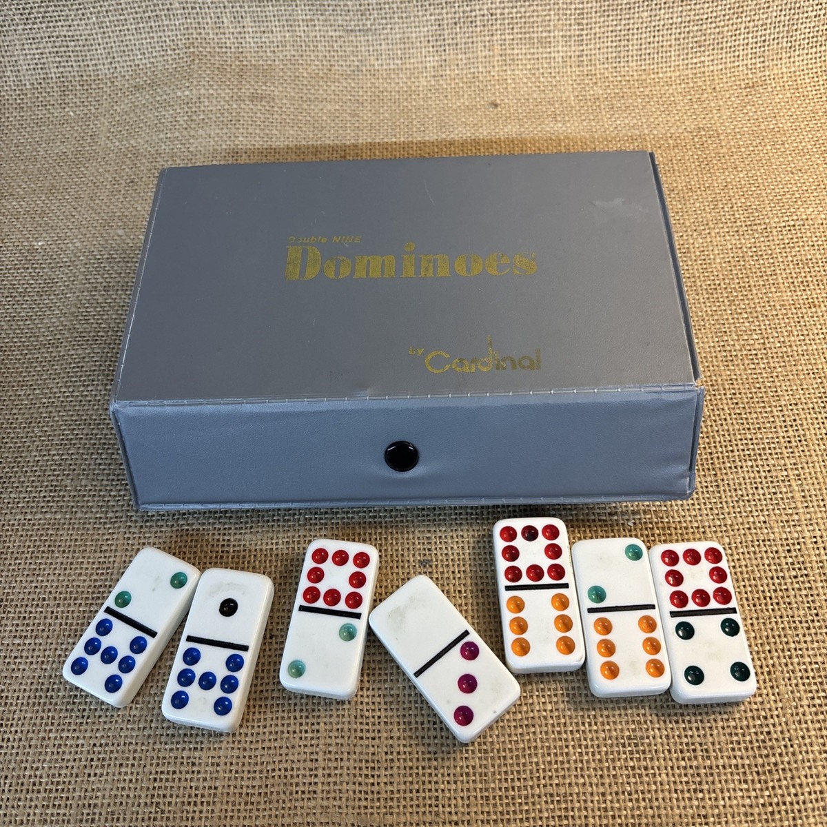 VTG Double Nine Dominoes Set By Cardinal, Gray Case Bright 55 Pc