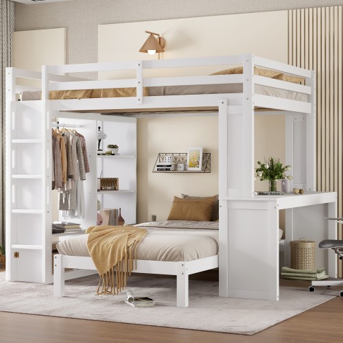 Solid Wood Bunk Bed with Desk Wardrobe and Storage Shelves Loft