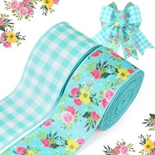 Blue Floral Ribbon Wired 2 Rolls 2.5 Inch X 20 Yards TTL, Rose Flower and Buffal