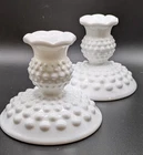 Fenton Milk Glass Hobnail  Candlesticks Set of 2  3.5" Marked on Bottom Ex Con
