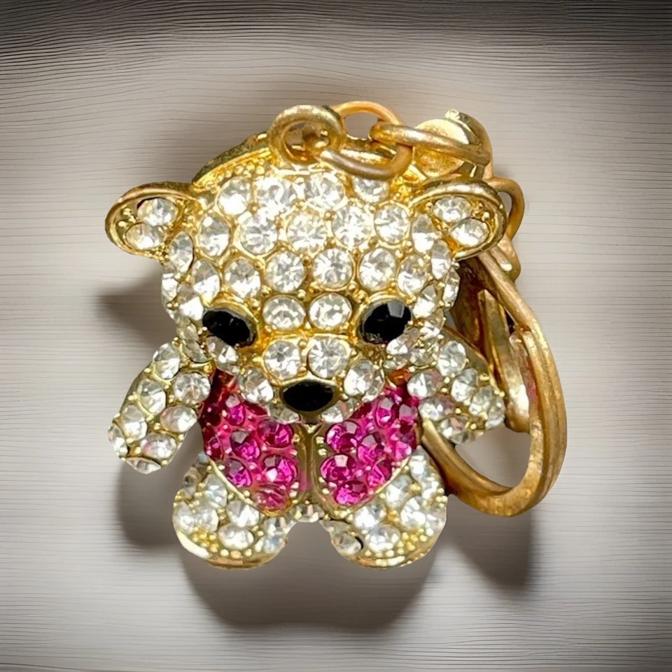 3D Animal Bear Crystal White & Pink Vest Rhinestone Bag Charm Keychain - Image 2 of 4