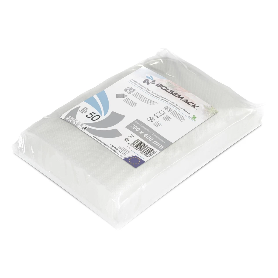 BOLSEMACK Bolsas de vacio gofradas cocción para envasadora doméstica. 30x40cm (50 uds.)