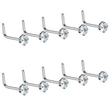 10 Pc 316L Surgical Stainless Steel Prong Set 2mm CZ L Bend Nose Stud Rings