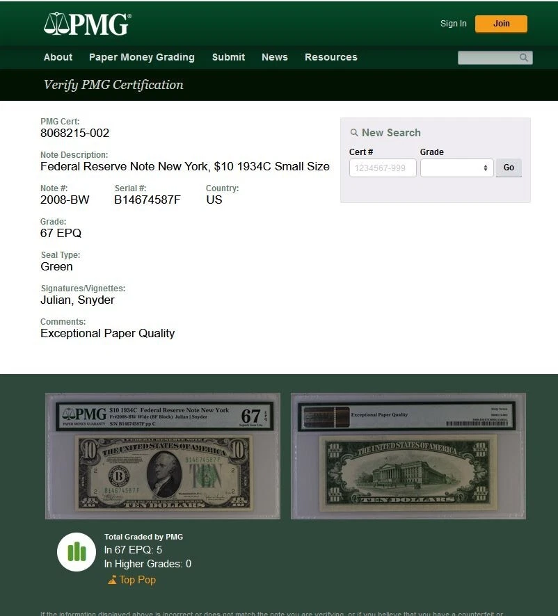 Top Pop 1/0 1934C $10 Federal Reserve Note PMG 67EPQ finest BF Block Fr 2008-BW - Image 3 of 4