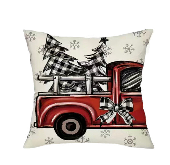 Black Check Trees & Red Truck Christmas Throw Pillow Cover Winter