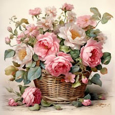 Deko Bild Vintage Shabby Korb Rosen Blumen Bouquet Wandbild Wanddeko Wandfliese