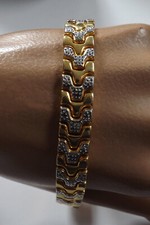 Vintage Filigran Glieder Armband goldfarbend mit vielen weißen Steinen 20 cm