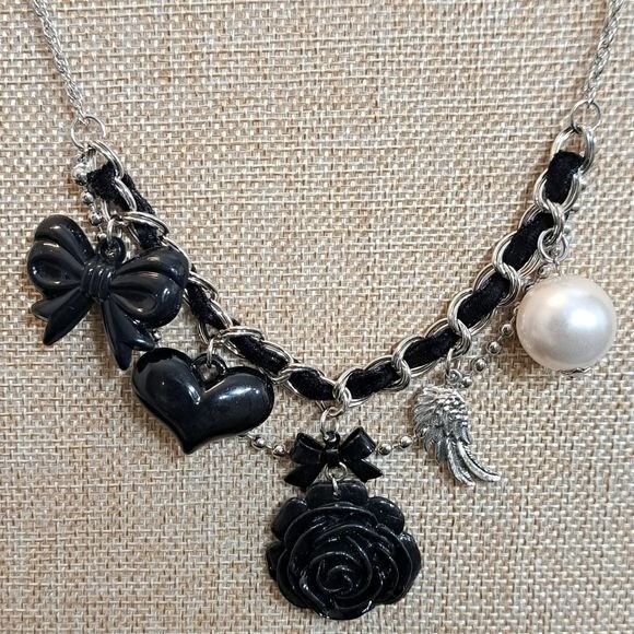 Choker Necklace Silver Tone/Black Charms,Heart,Flower,Bow,Wing Plastic Velvet