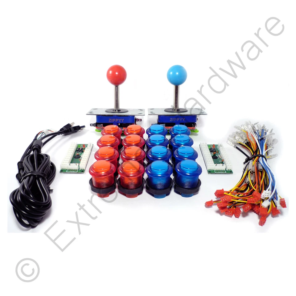 SAN STAR Kit Controllo Arcade 2 Giocatori - 2 Joystick Top a Sfera, 16 Pulsanti LED Rosso/Blu