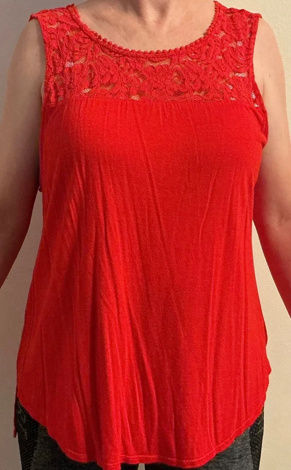 Camiseta sin mangas Ambiance para mujer roja de encaje cami algodón rayón talla Cuello redondo elástico 1XL Foto 3 de 4