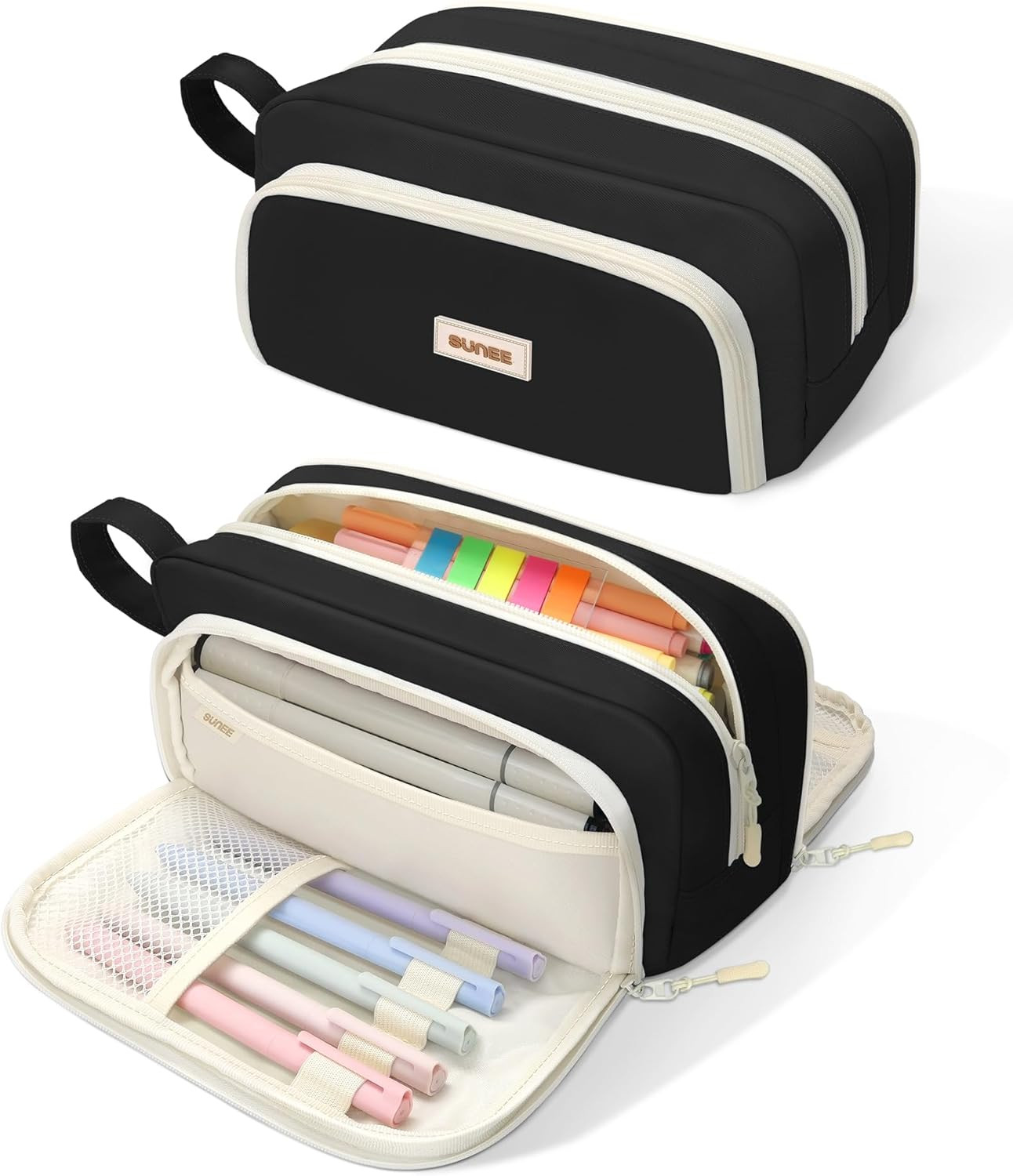 Cute Pencil Case, Aesthetic Pen Pouch with 3 Compartments, Kawaii Colored Large