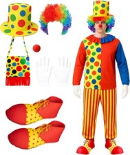 8 Piece Adult Clown Costume Set with Wig, Hat, Nose, Gloves, Shoes, XL-Large