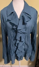 White Stag Teal Ruffle Front Lace Blouse XL 16 Romantic Cottagecore Victorian