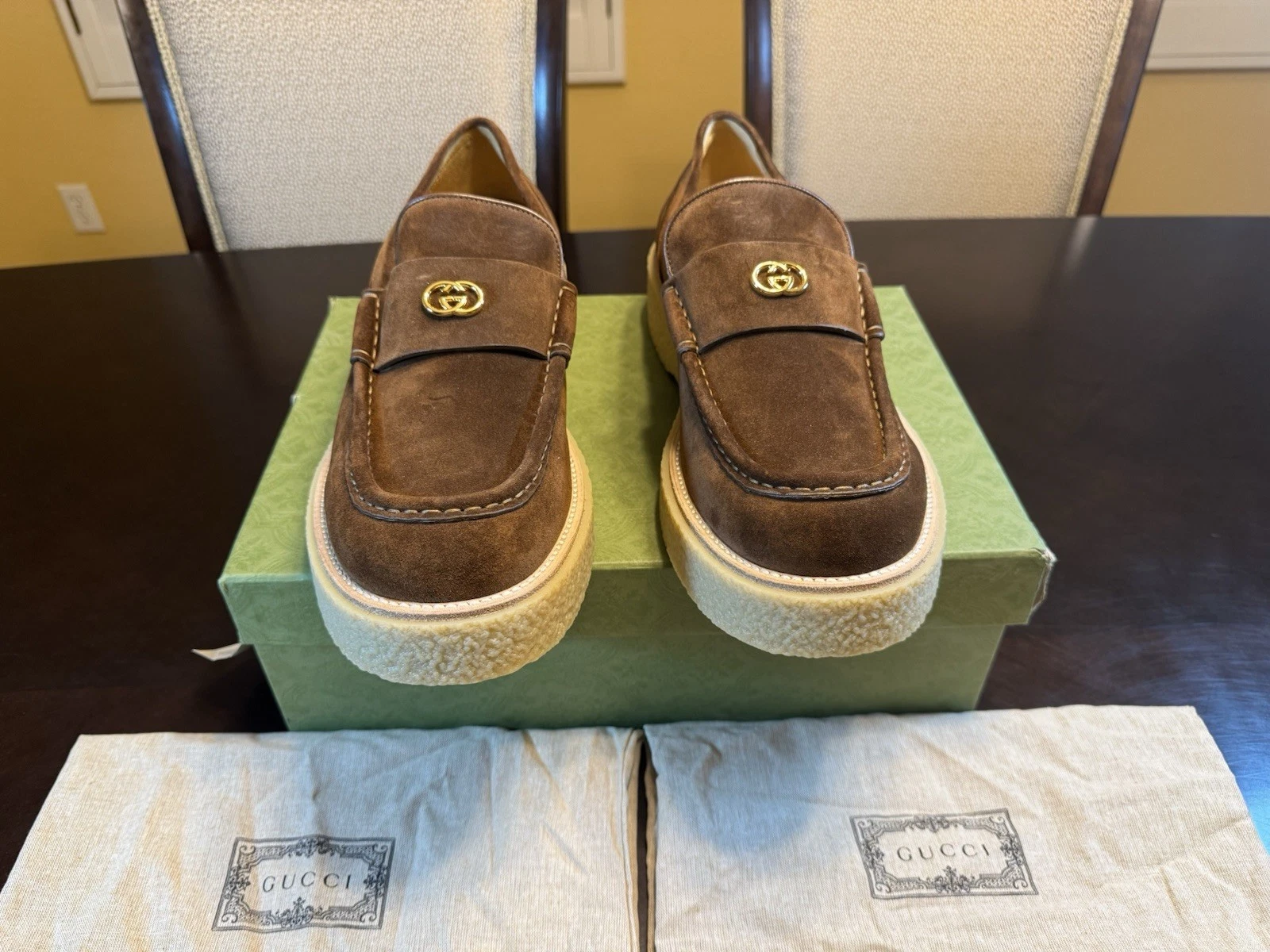 Mocassins neufs Gucci GG logo marron en daim chaussures à enfiler pointure UK 12 / US 12,5
