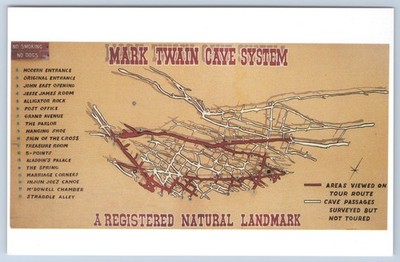 Missouri Hannibal Mark Twain Cave System Map National Landmark Postcard