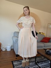 1920s Baby Pink Silk Dress With Net Lace Capelet