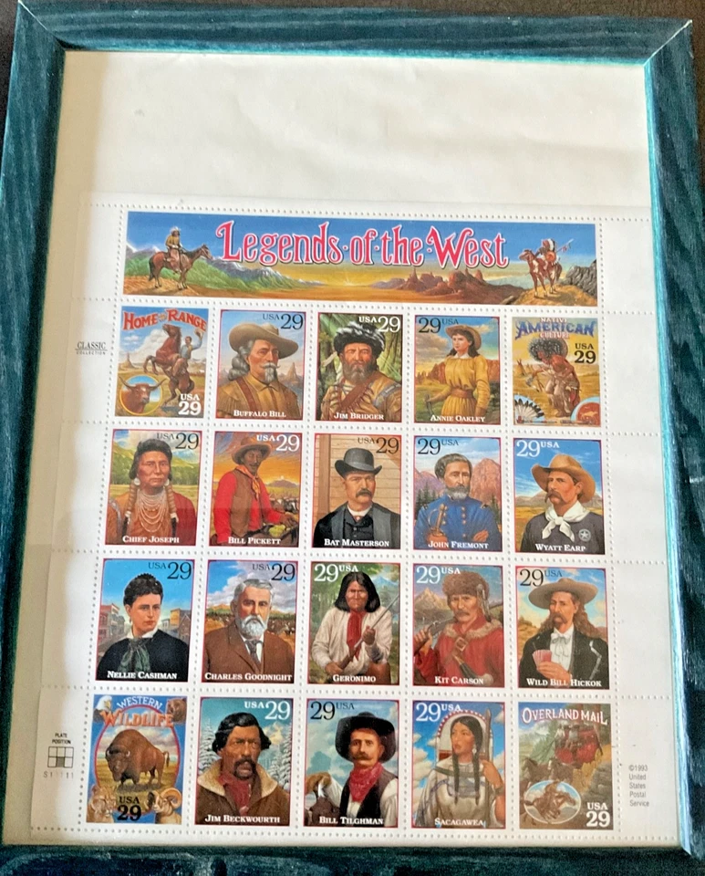 LEGENDS OF THE WEST USPS 1993 .29 CENT & WC Fields 1979 15 cent sheets framed - Image 3 of 3