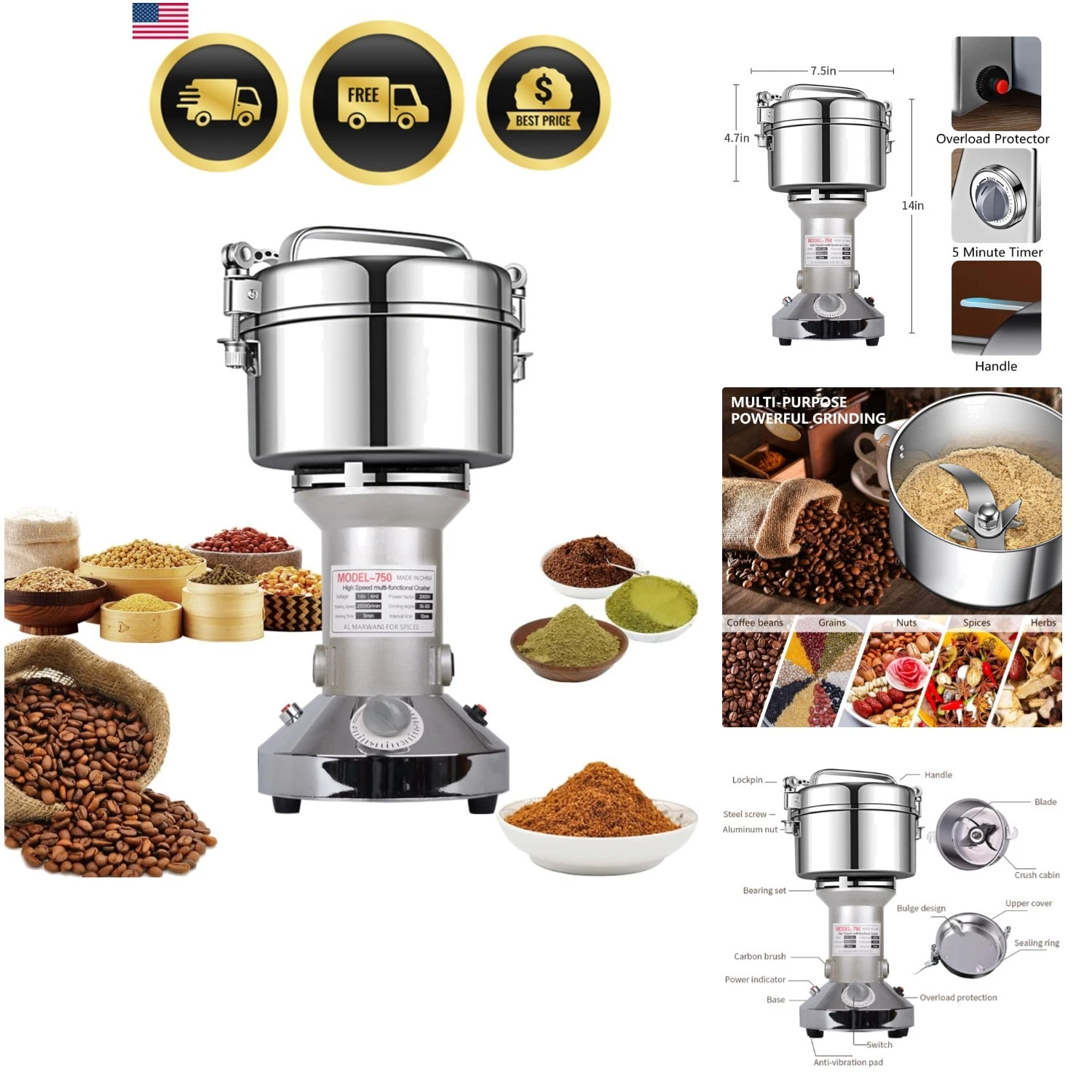 Grain Mill Grinder 750g High Speed Electric Stainless Steel Grinder Cereals C...