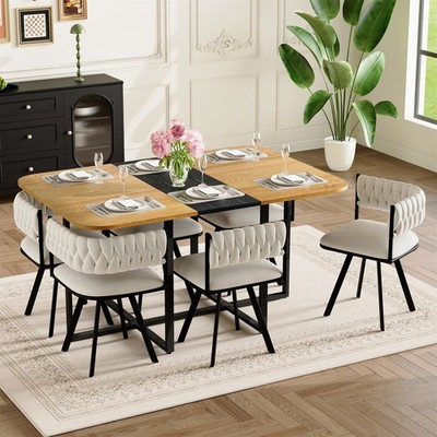7-Piece Rectangular Dining Table Set Kitchen Table Set with 6 Velvet Chairs