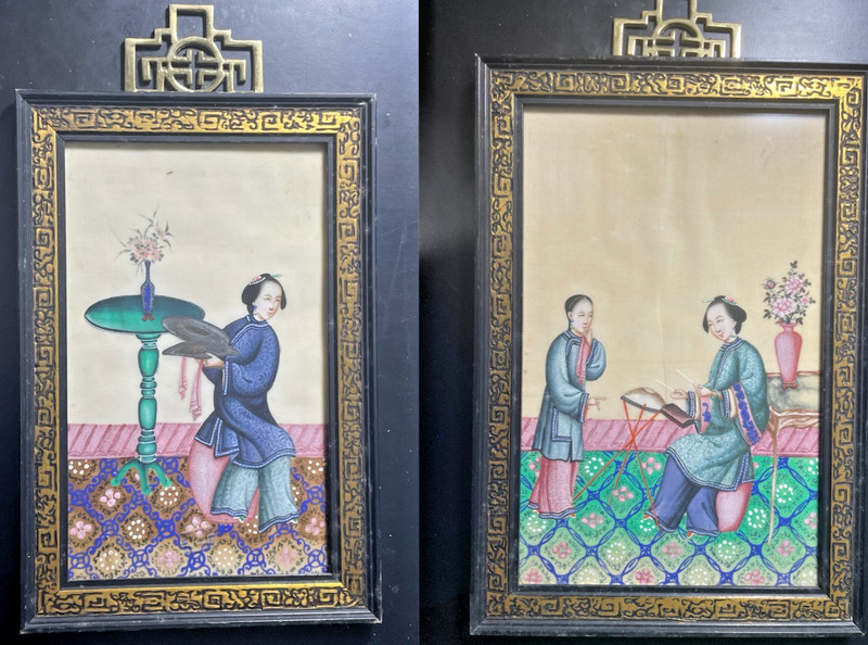 Antique Chinese Export Pith Paper Paintings – Pair of Court Ladies in Interior S