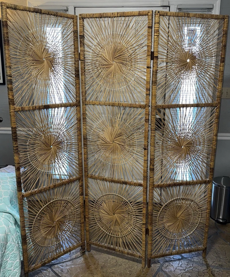 70s Vintage MCM Mid Century Wicker Sunburst 3 Panel Room Divider Screen Boho BL - Image 2 of 4
