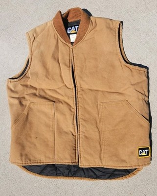 Vintage Cat Caterpillar Quilted Tan Brown Work Vest Zip up Men s XL USA WORN