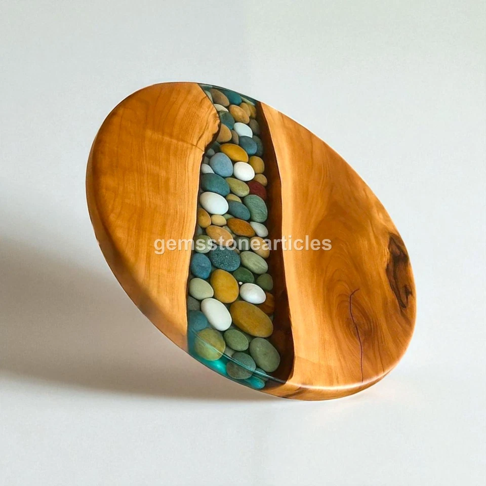 pebble epoxy coffee table top handmade natural wood resin round furniture art - Image 3 of 4