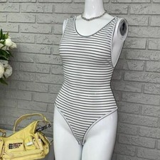 PRETTYLITTLETHING White Black Striped Bodysuit Size XS