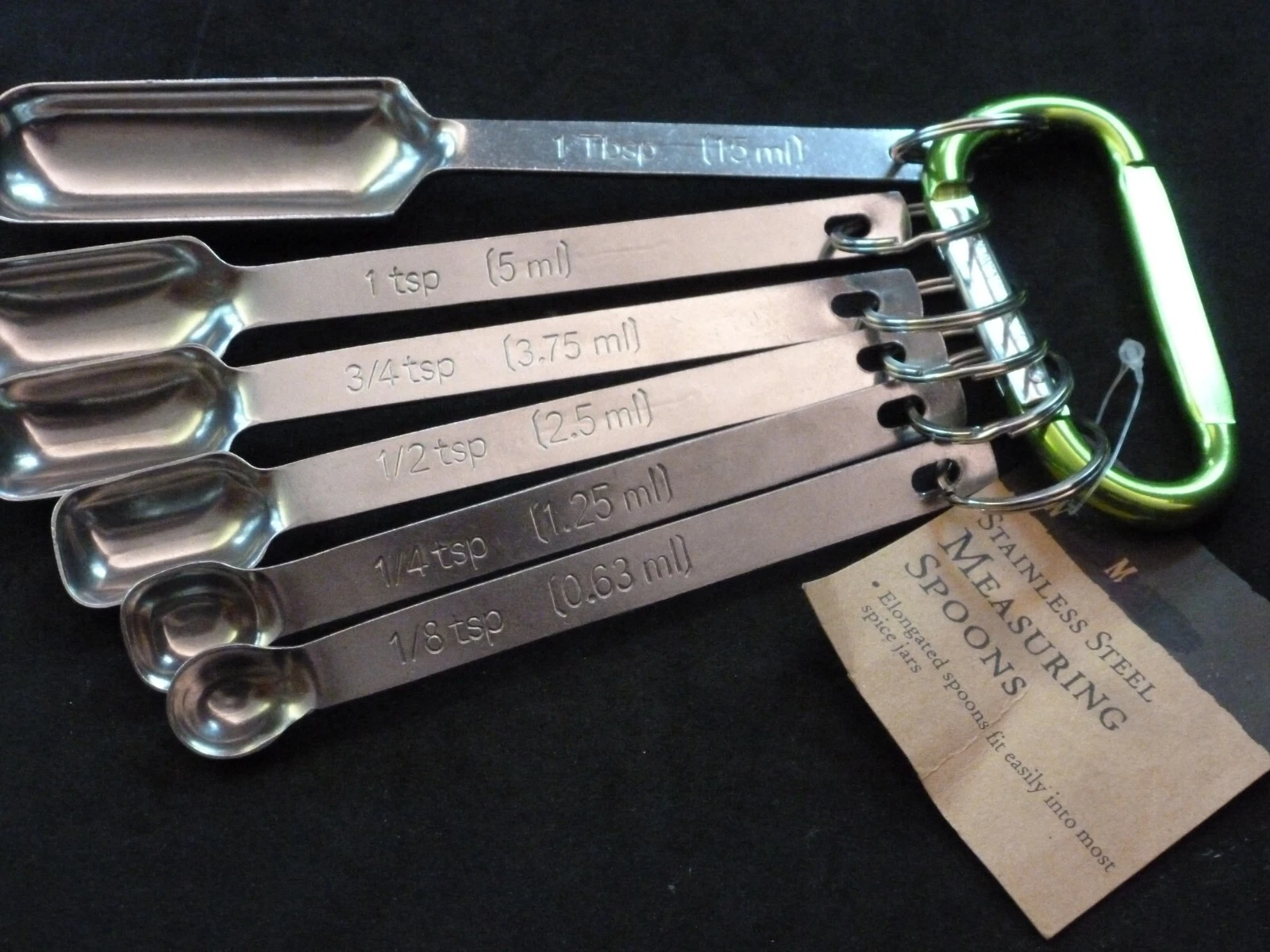 Carabinered ELONGATED NARROW StainlessSteel Measuring Spoon SET NEW wTags