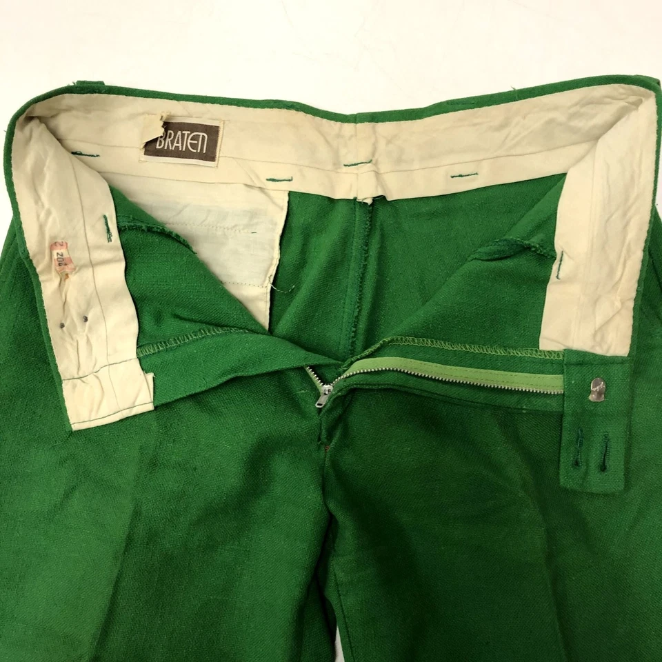 Vtg 70's Braten MoD THICK Linen Pants CHRISTMAS GOLF Pants GREEN Bell Bottoms 34 - Image 4 of 4
