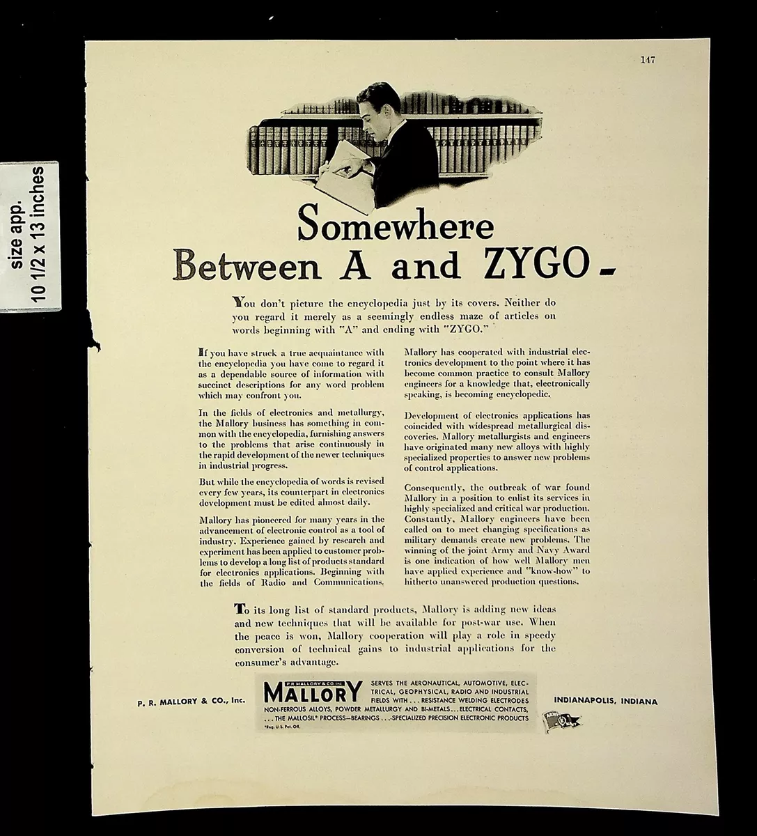 1943 Mallory Somwhere Between A & Zygo Vintage Print Ad 20199