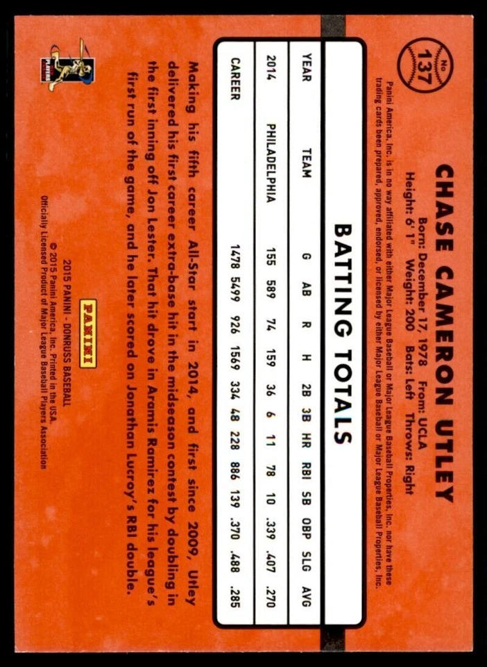 Tarjeta de béisbol Donruss Chase Utley 2015 Philadelphia Phillies #137 Foto 2 de 2