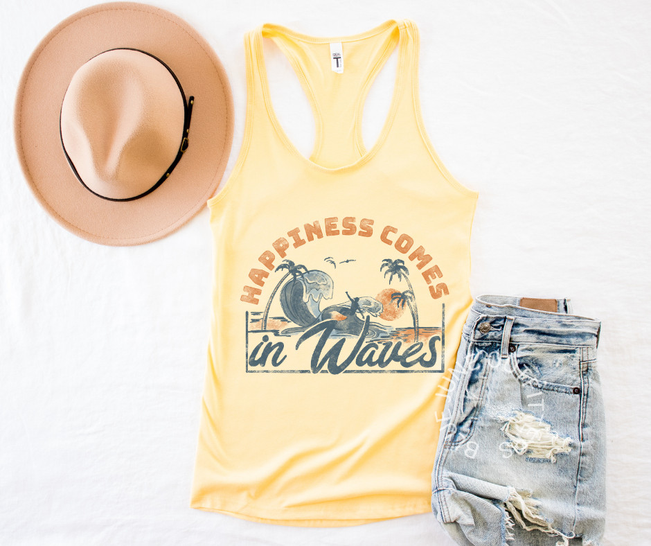 HAPPINESS COMES IN WAVE | CAMISETA SIN MANGAS RETRO PLAYA ESPALDA DEPORTIVA PARA MUJER | TROPICAL