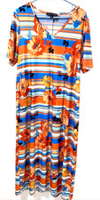Madison Leigh Womens Size 1X Maxi V-Neck Blue Orange Summer  Floral Beachy Print