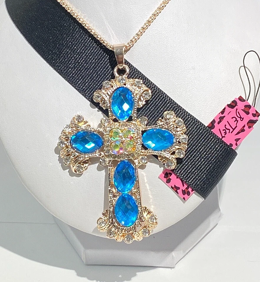 BETSEY JOHNSON РОЗОВОЕ ЗОЛОТО ПОКРЫТИЕМ СИНИЙ СТРАЗЫ И КРИСТАЛЛ КЕЛЬТСКИЙ КРЕСТ ПОДВЕСКА - Изображение 4 из 4
