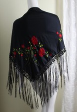 Estate - Vintage Rose Embroidered Floral Gorgeous Piano Fringe Shawl Wrap Artsy