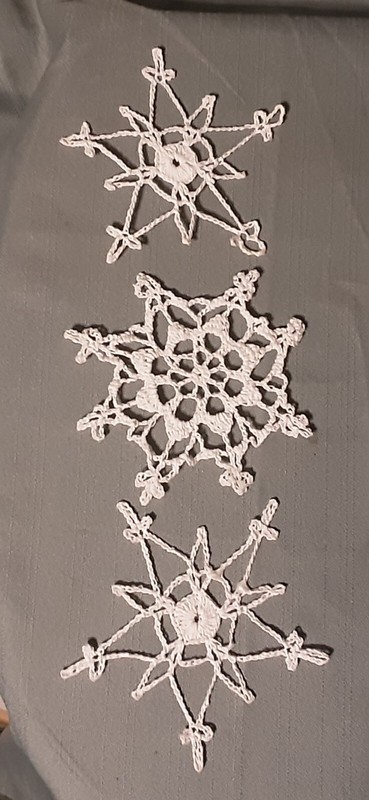 Lot of 3 Hand Crocheted Stiffened White Snowflakes