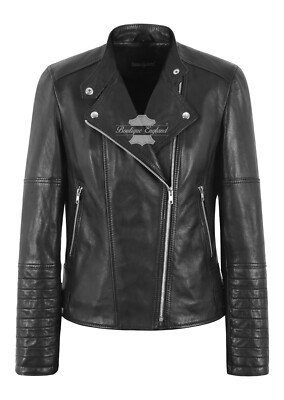 Women's Leather Jacket Black Long Quilted Sleeves Motorbike Fitted