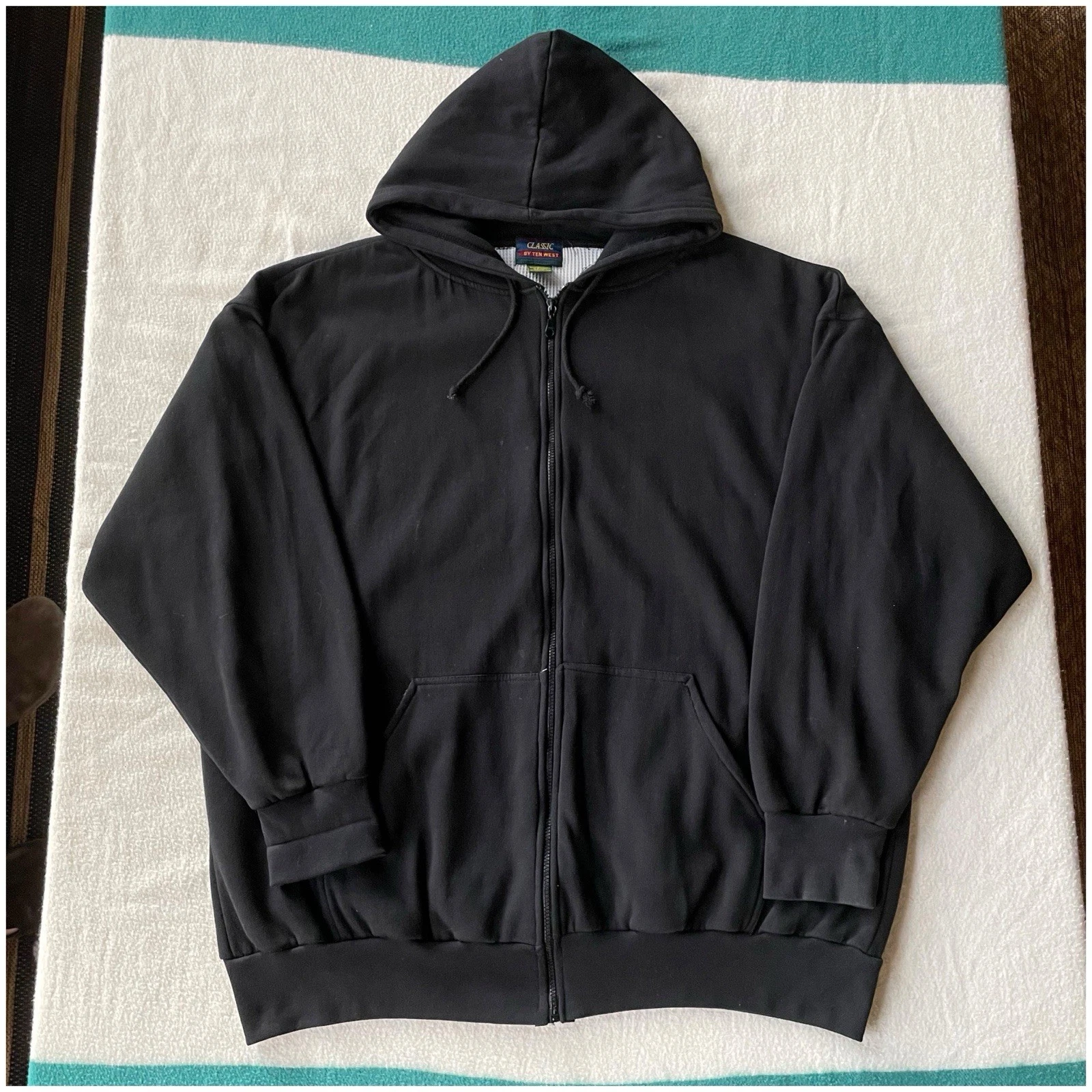 Vintage 90’s Ten West Thermal Lined Zip Up Hoodie Sweatshirt 2X XXL Black VTG