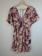 Lulus Dress Womens Small Burgundy Floral Metallic Short Sleeve V Neck Lined New