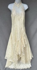 Vintage Lace Wedding Dress Small (6?) Ivory Beaded Halter Train Sleeveless