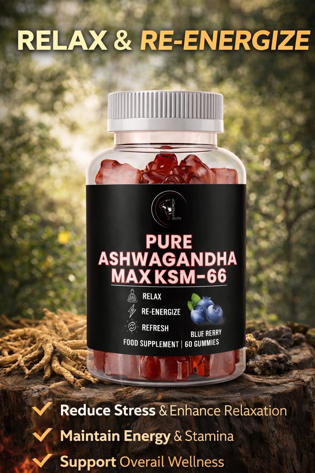 Ashwagandha KSM-66 Gummies | Stress Support Energy Focus | Blueberry