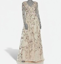 Mac Duggal Women's Beige V Neck Long Sleeve Embroidered Gown Dress Size 16