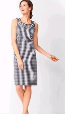 Talbots pleat-neck Black/White Gingham Sheath Dress Sz 16P Stretch