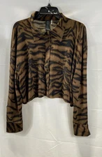 Norma Kamali Women's Brown Tiger Animal Print Long Sleeve Shirt Blouse Size S