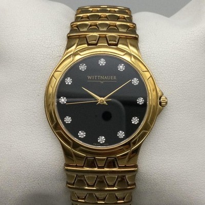 Wittnauer Savoy Mens Watch 35mm Black Dial 11D04 Gold Tone Swiss New Battery 8\